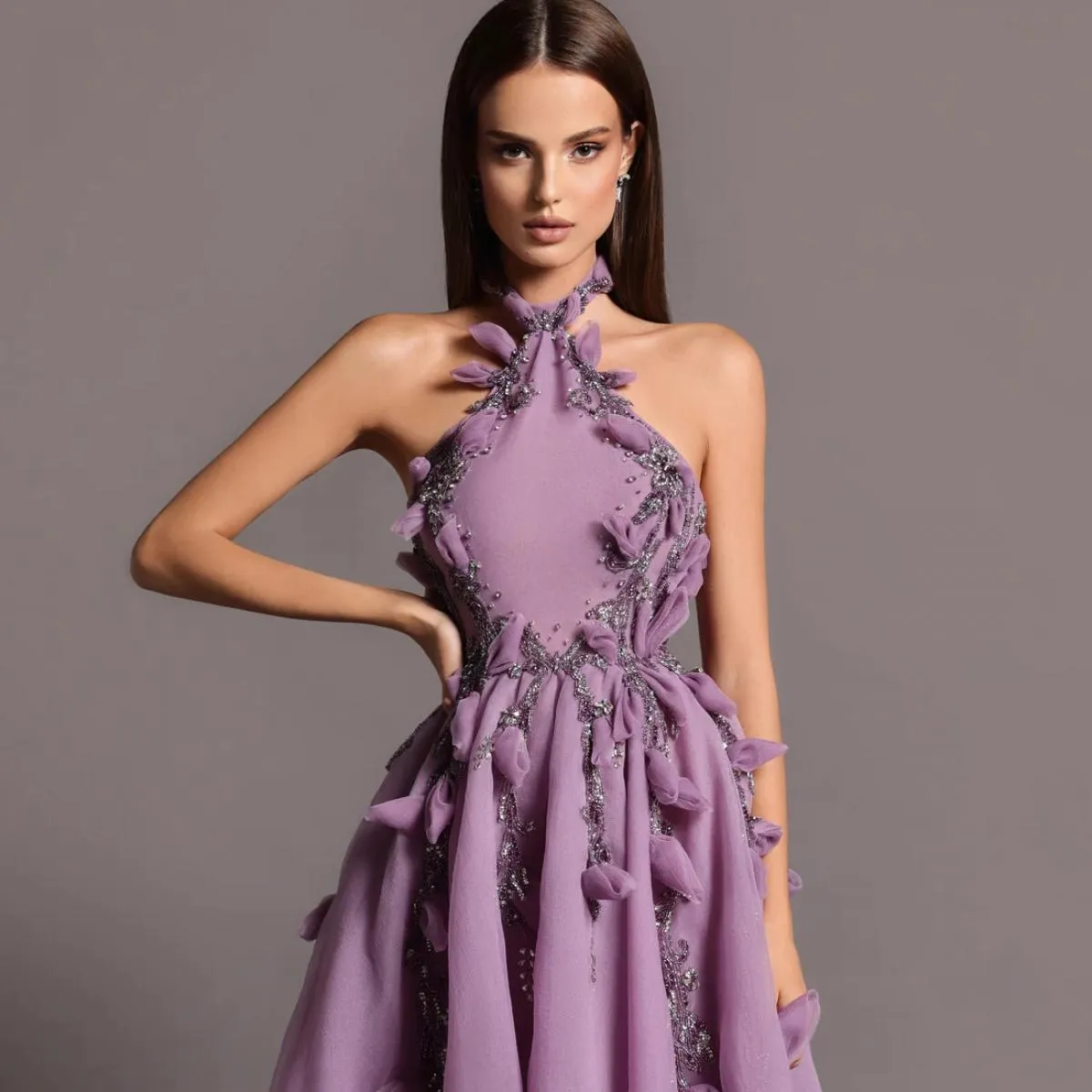 2024 Couture Lilla Halter Abiti da sera personalizzati Abiti da festa Applicazioni di perline Lavanda Festa di nozze Formale D