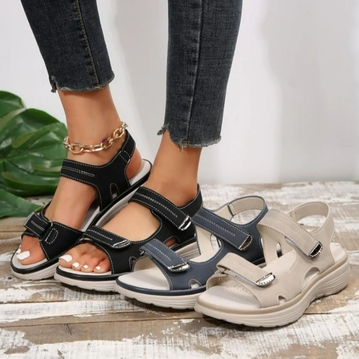 2024 Sandali estivi da donna con zeppa antiscivolo da spiaggia, punta aperta, sandali traspiranti, scarpe stile sportivo