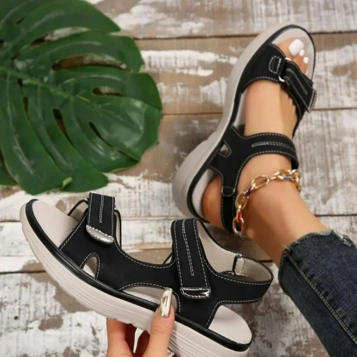 2024 Sandali estivi da donna con zeppa antiscivolo da spiaggia, punta aperta, sandali traspiranti, scarpe stile sportivo