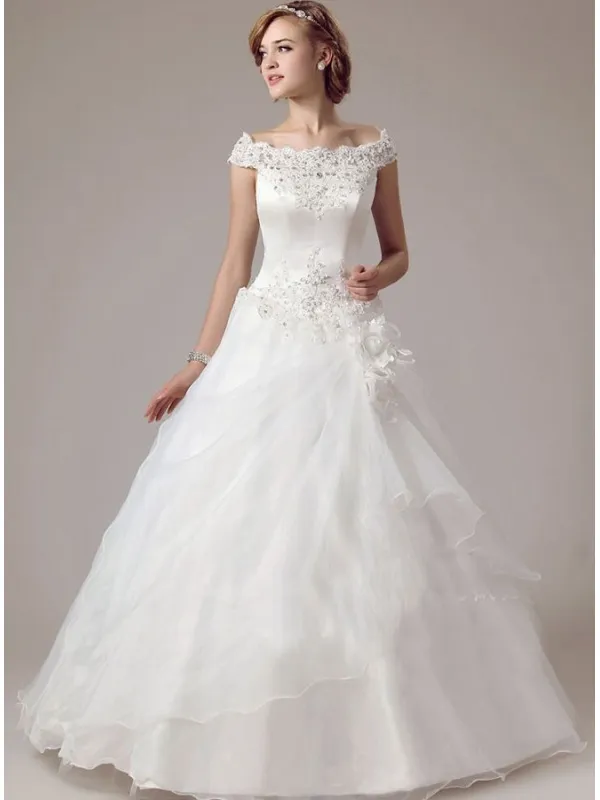 Abito da Sposa online con scollo a barca in Organza con Pizzo