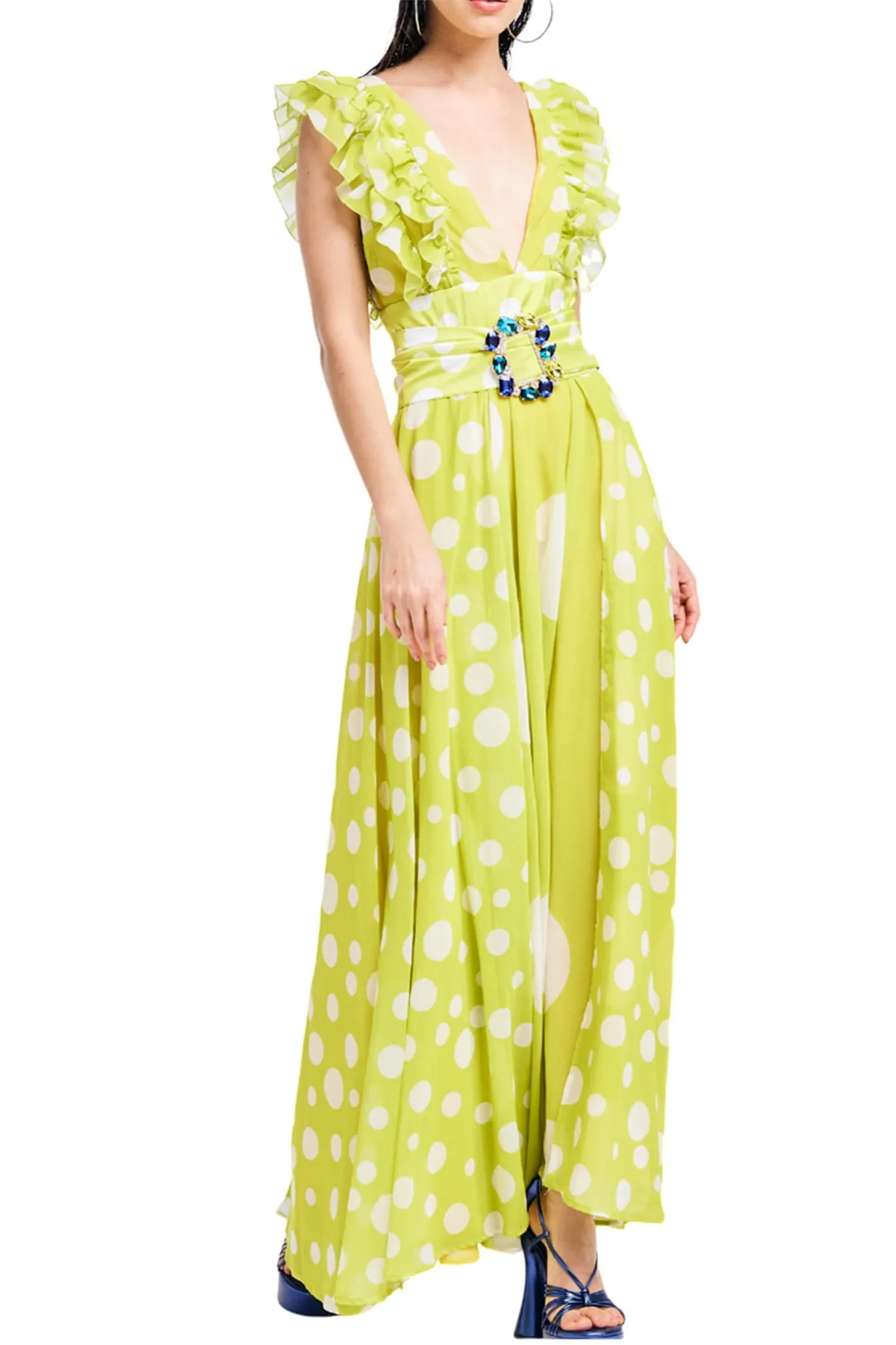 Abito donna lungo in tessuto leggero ampio scollo a V contrasto pois macro zip retro voilant spalla