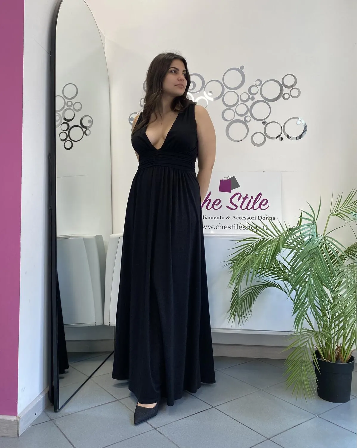 Abito in lurex scollo profondo fronte e retro