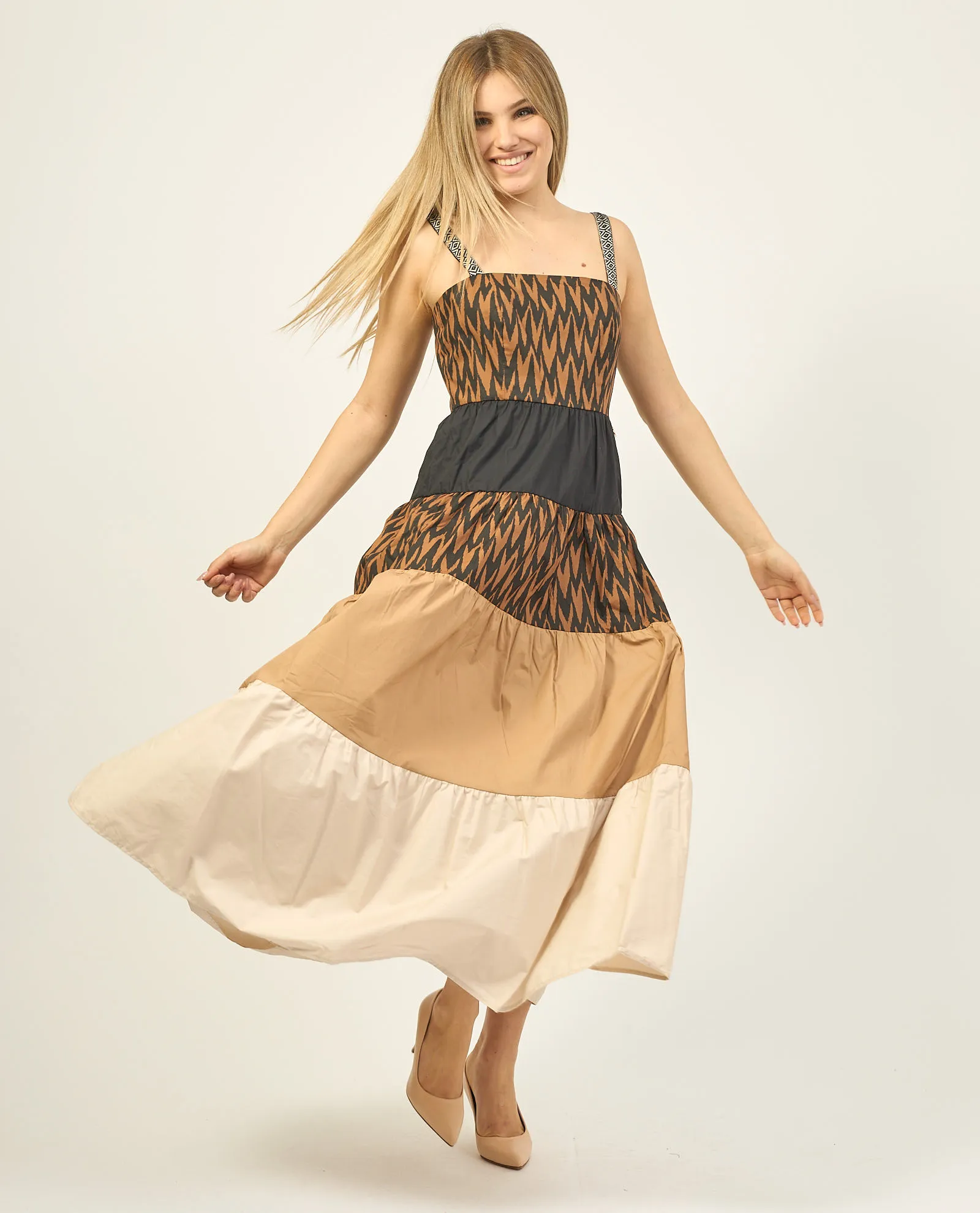 Abito lungo Yes Zee in cotone multicolor