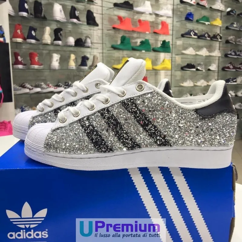 Adidas Superstar Glitter Argento Bande Nere Brillantini