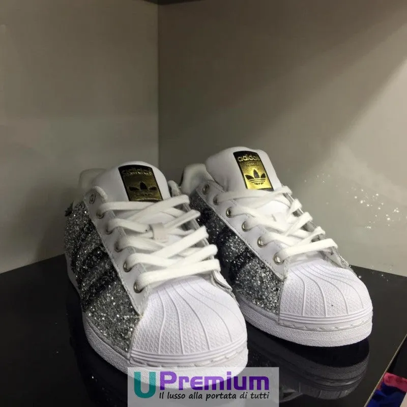 Adidas Superstar Glitter Argento Bande Nere Brillantini