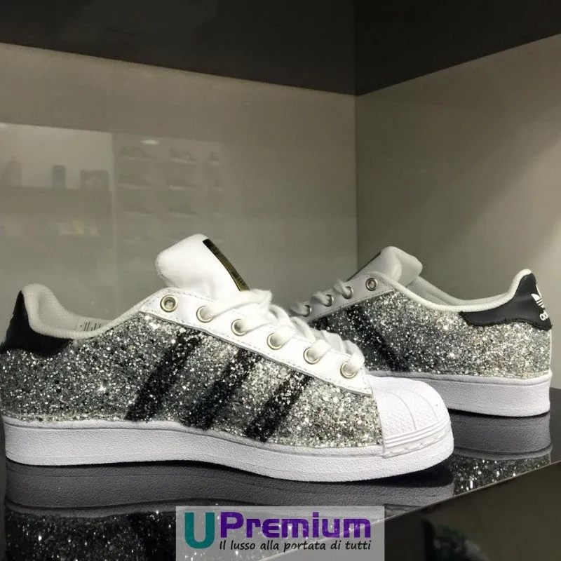 Adidas Superstar Glitter Argento Bande Nere Brillantini