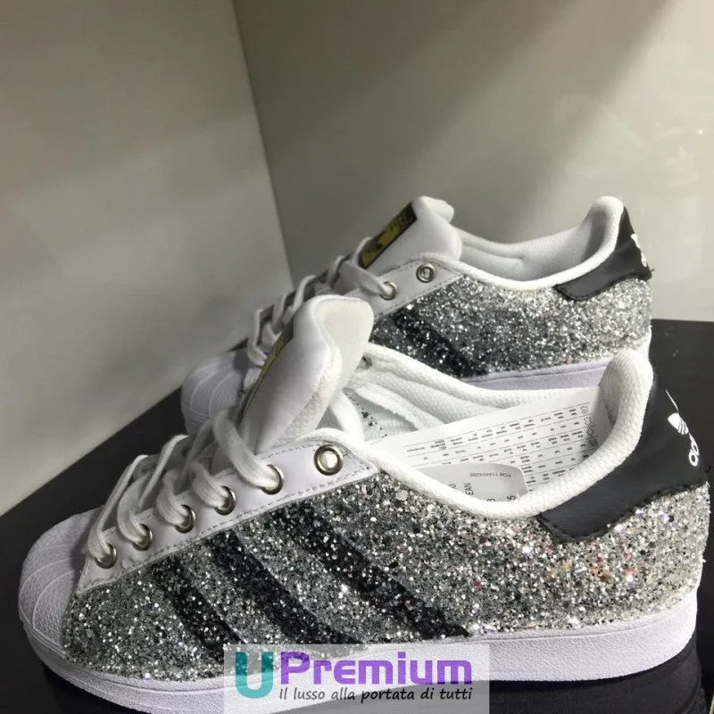 Adidas Superstar Glitter Argento Bande Nere Brillantini