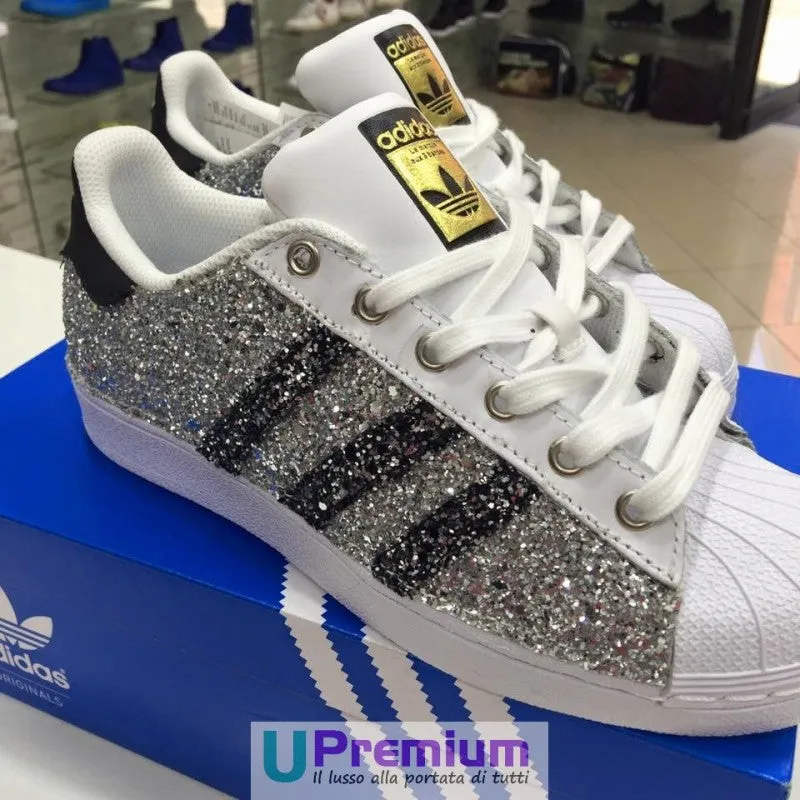 Adidas Superstar Glitter Argento Bande Nere Brillantini