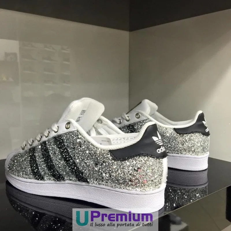 Adidas Superstar Glitter Argento Bande Nere Brillantini