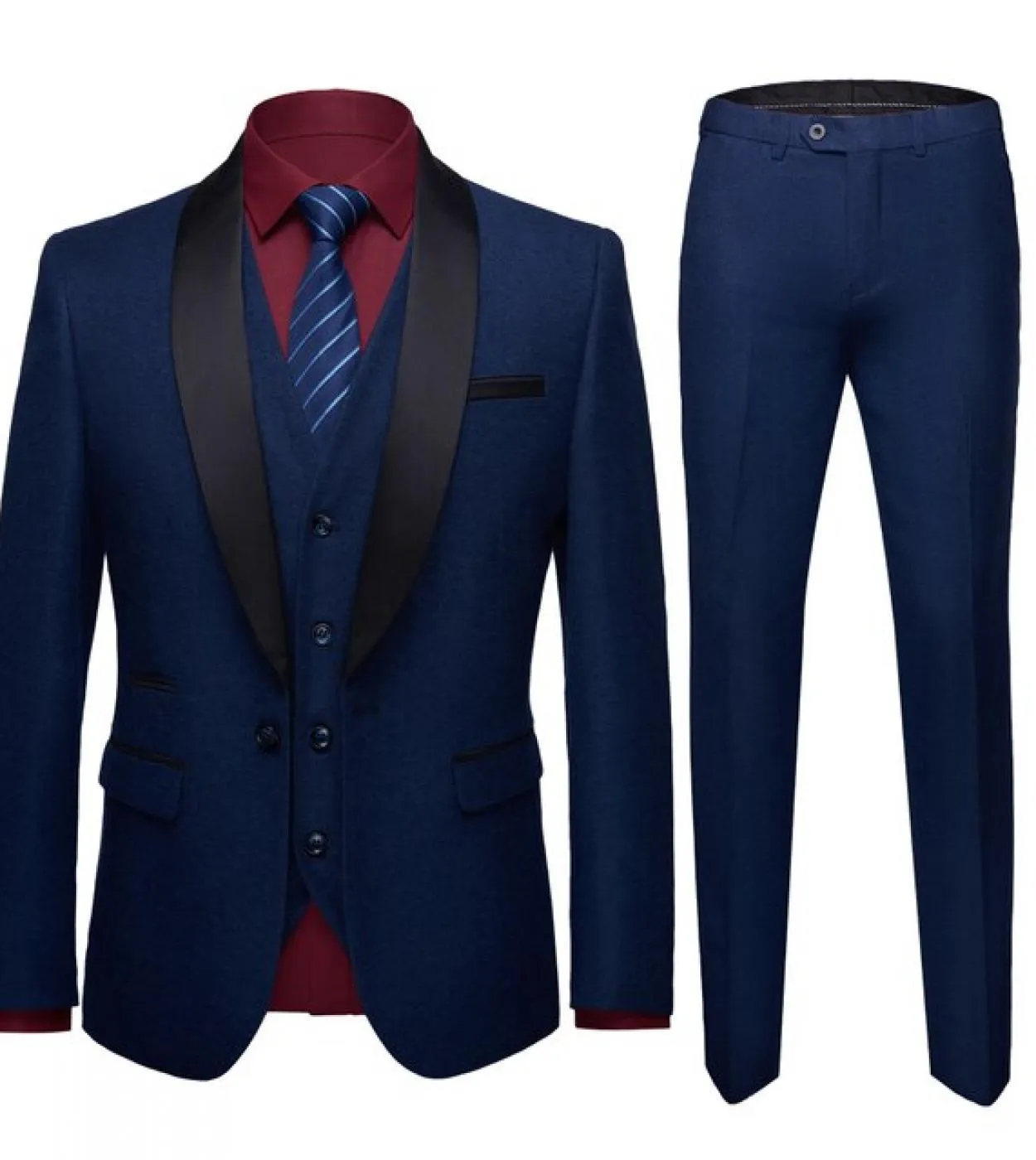 Blu scuro con risvolto sciallato nero Abiti da uomo Costume Homme Real Photo Prom Tuxedo Slim Fit 3 pezzi Giacca da sposo Terno