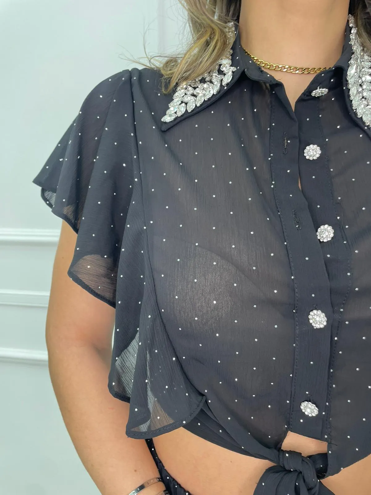 Camicia con brillantini e scollo swarovski