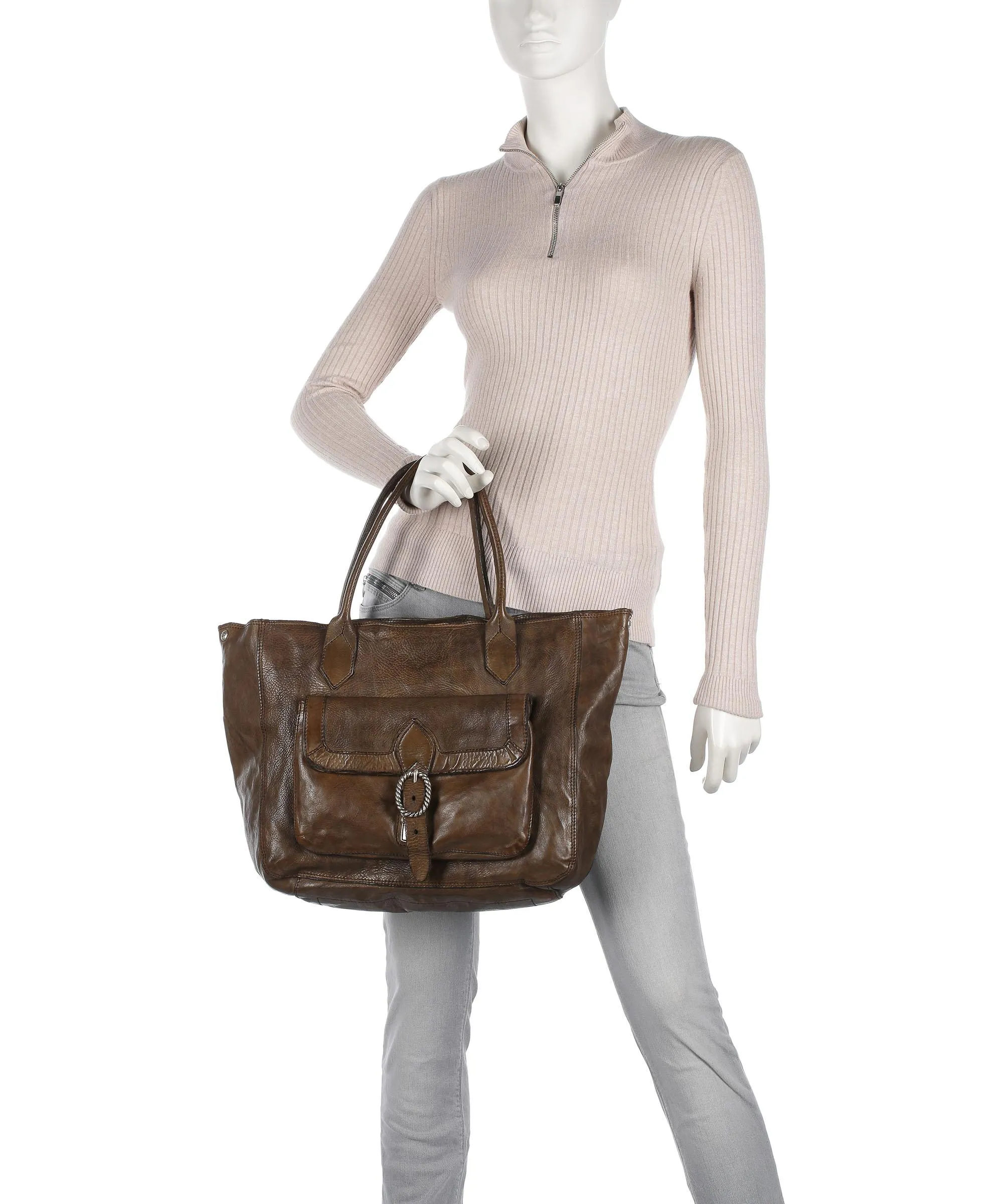  Campomaggi Borsa shopper pelle di vacchetta finemente grana verde-oliva  