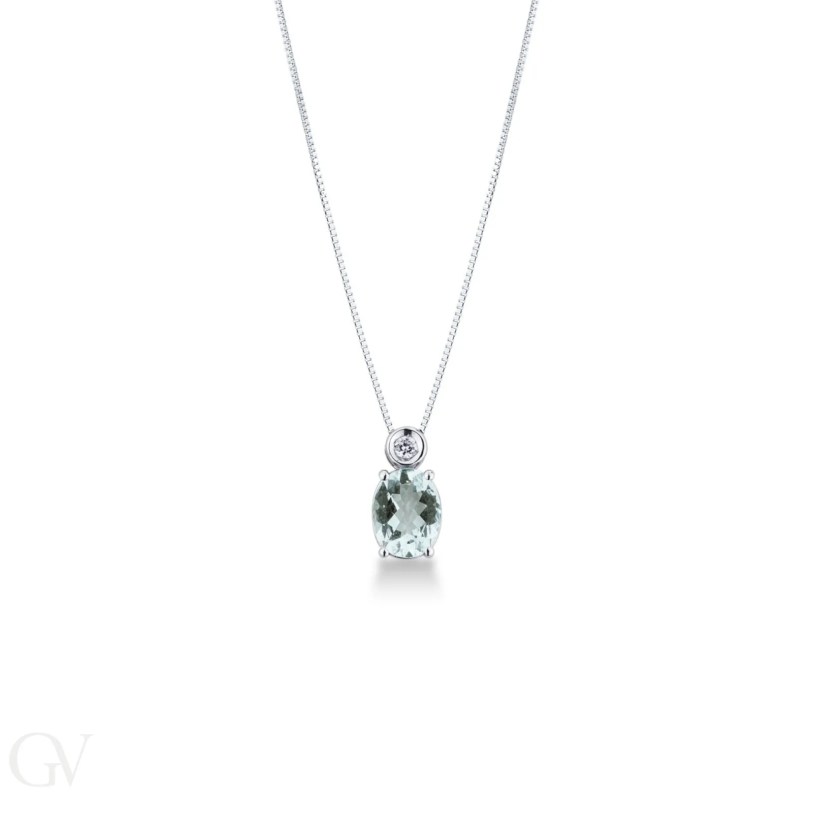 Collana con pendente in oro bianco 18k con diamante e acquamarina