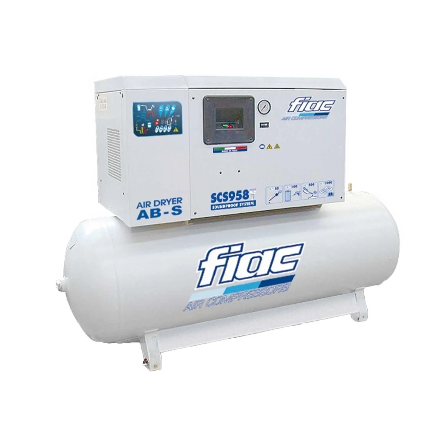 Compressore Fiac SCS 958/500 ABS 500 lt insonorizzato a pistoni avviamento diretto potenza 7,5 Hp pressione 10 bar 400V + essicc