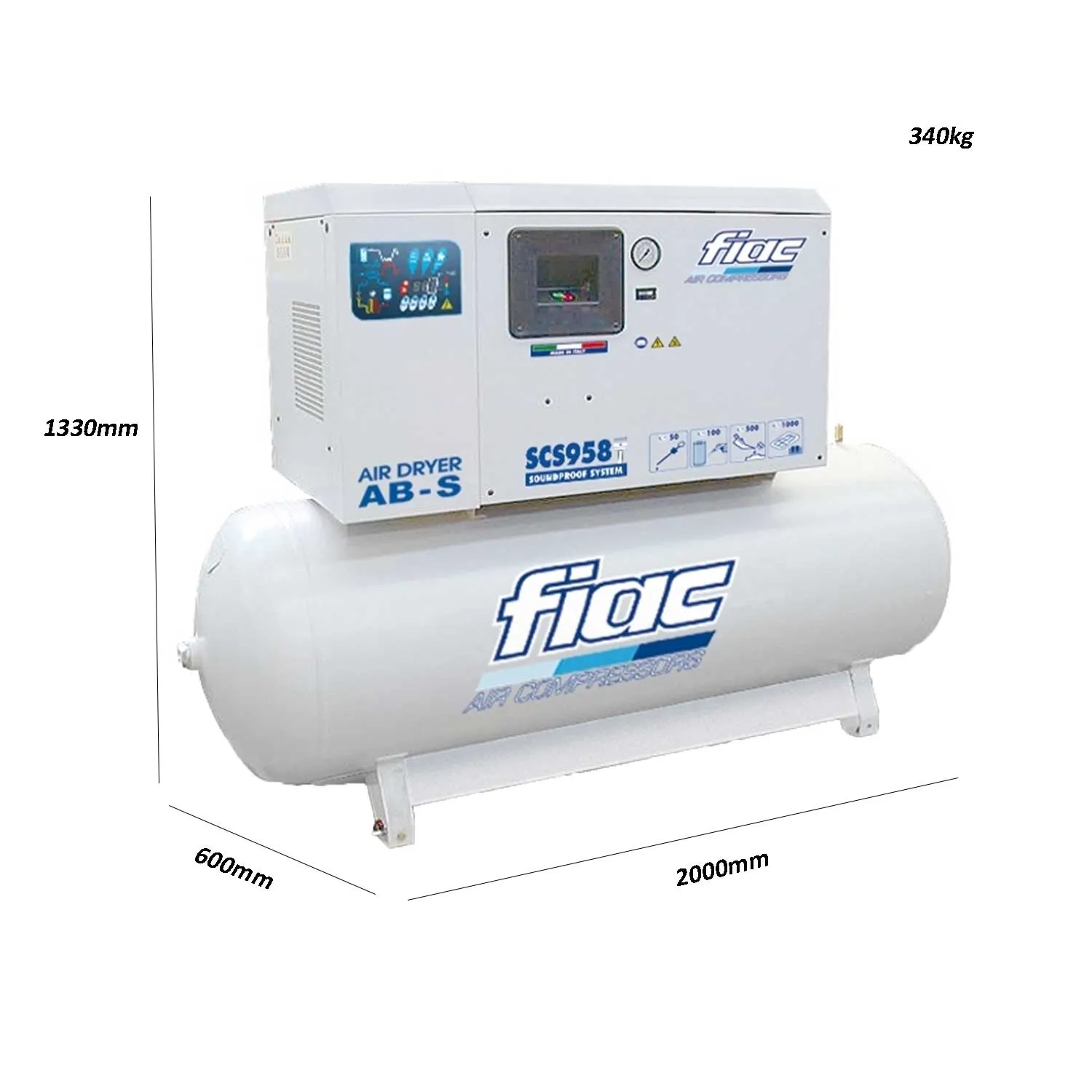 Compressore Fiac SCS 958/500 ABS 500 lt insonorizzato a pistoni avviamento diretto potenza 7,5 Hp pressione 10 bar 400V + essicc