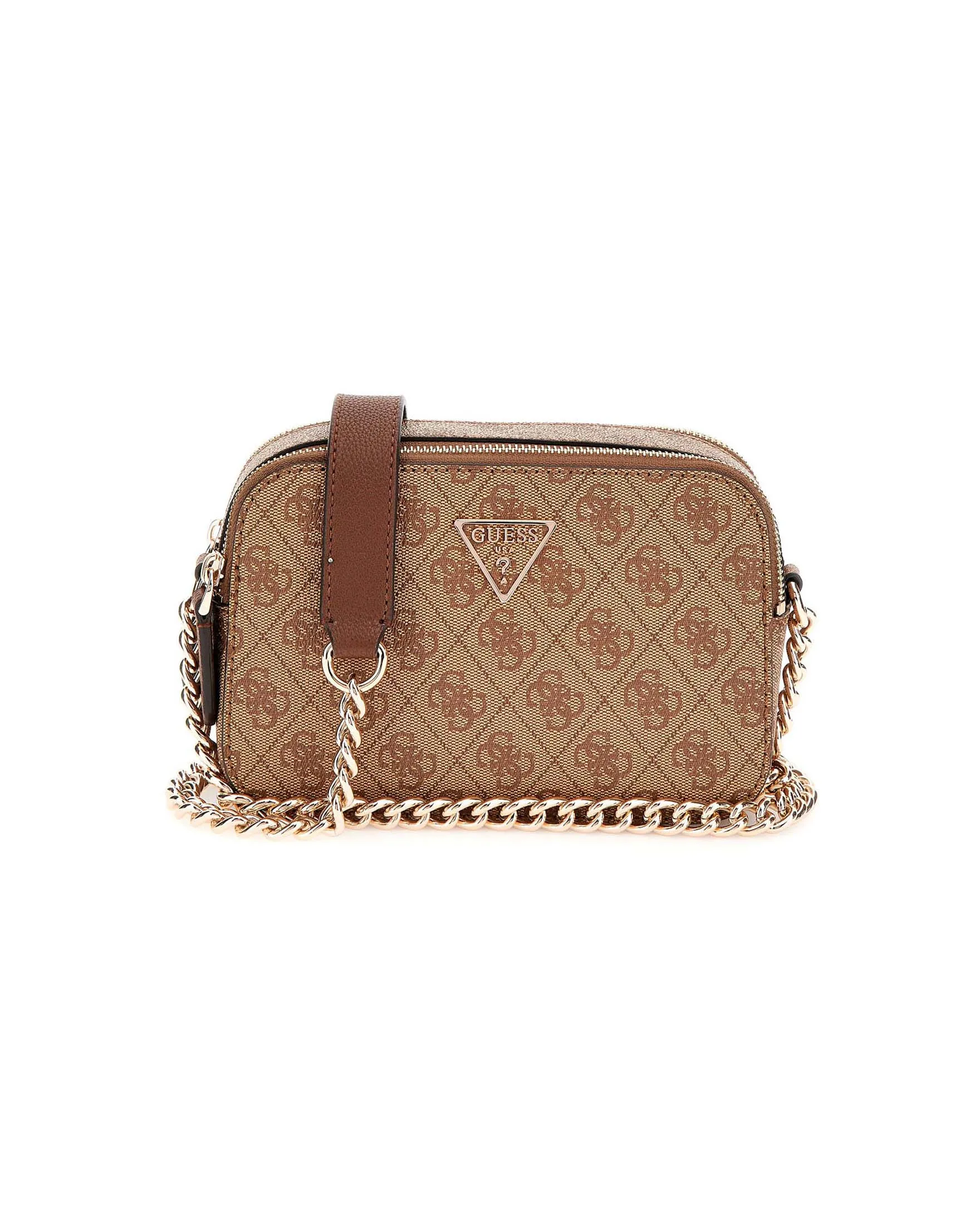 Cross bag a fantasia monogram beige e cuoio in similpelle saffiano a doppio scomparto