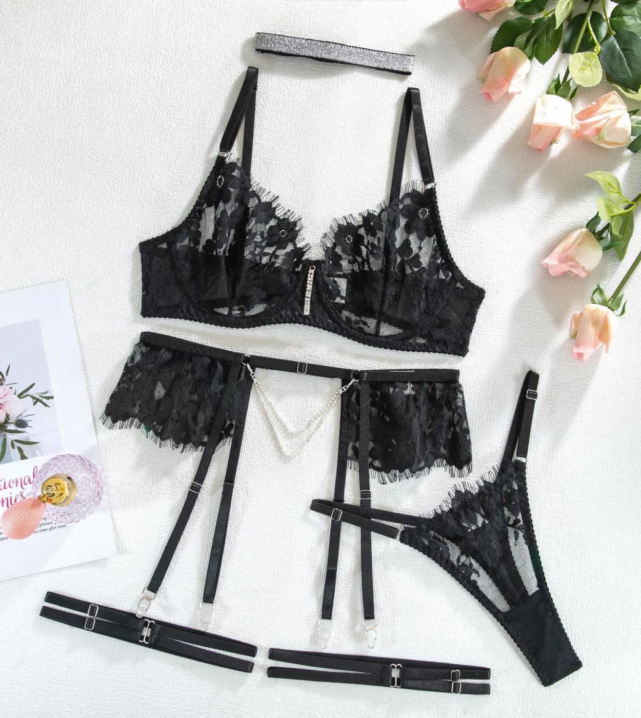 Fancy Lingerie Set di biancheria intima trasparente floreale Donna 5 pezzi Set di pizzo con strass di lusso Sensual Fine Exotic