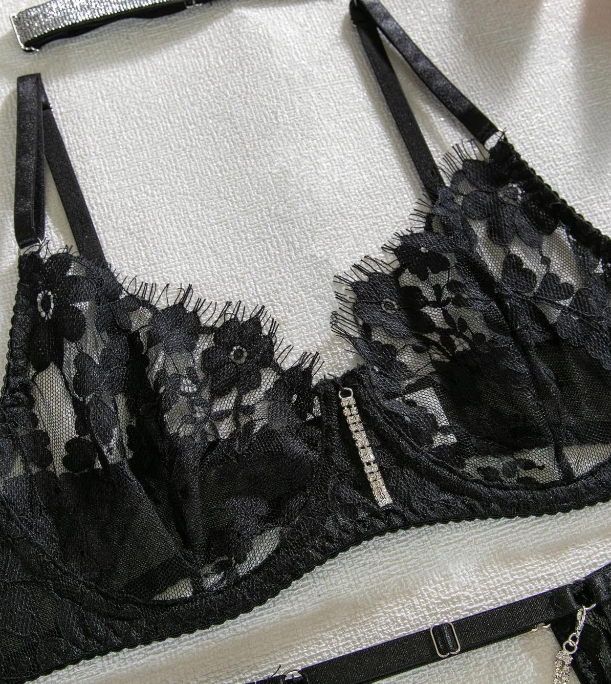 Fancy Lingerie Set di biancheria intima trasparente floreale Donna 5 pezzi Set di pizzo con strass di lusso Sensual Fine Exotic