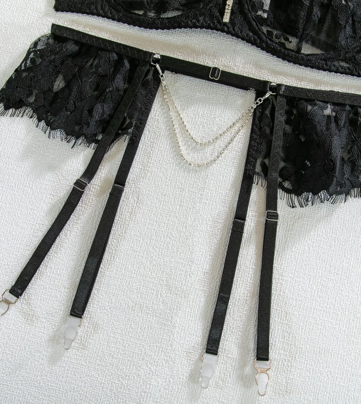 Fancy Lingerie Set di biancheria intima trasparente floreale Donna 5 pezzi Set di pizzo con strass di lusso Sensual Fine Exotic