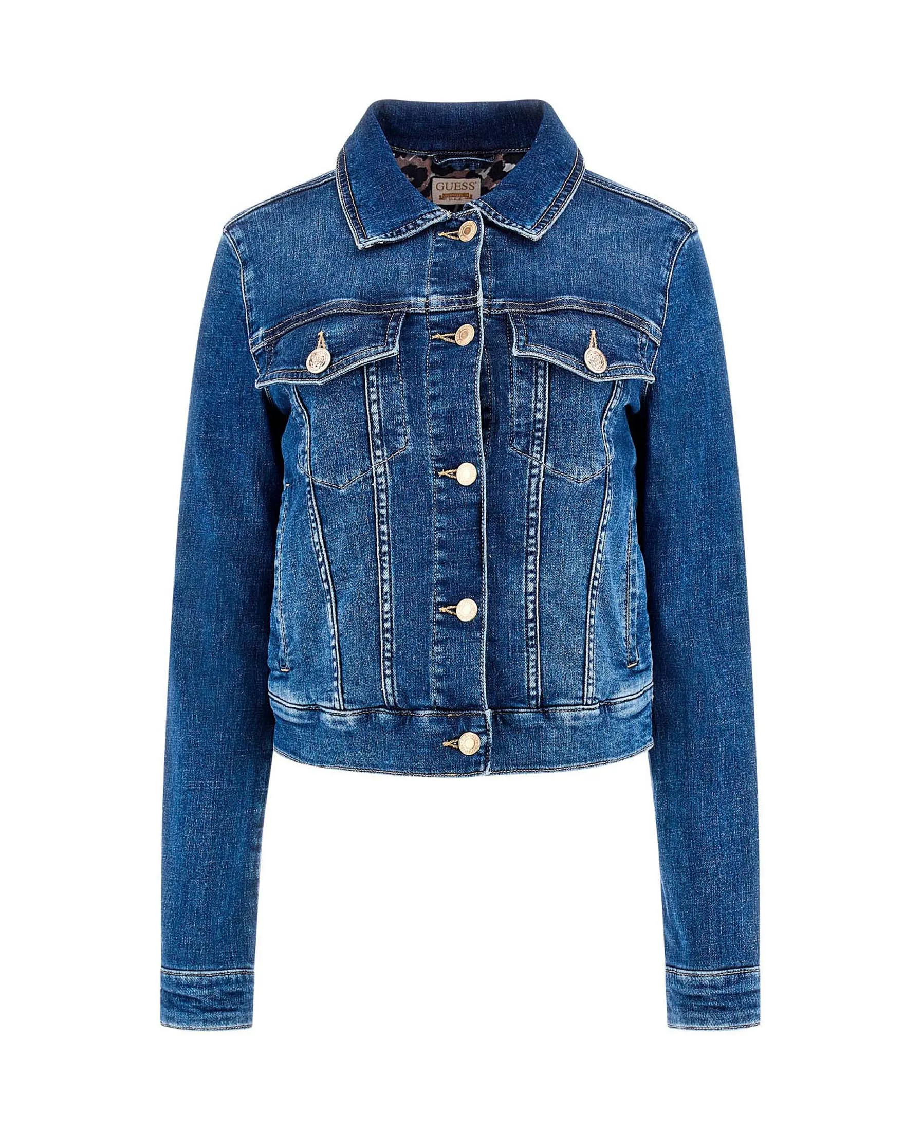Giubbino in denim di cotone stretch lavaggio medio stone washed con tasche con patta sul petto
