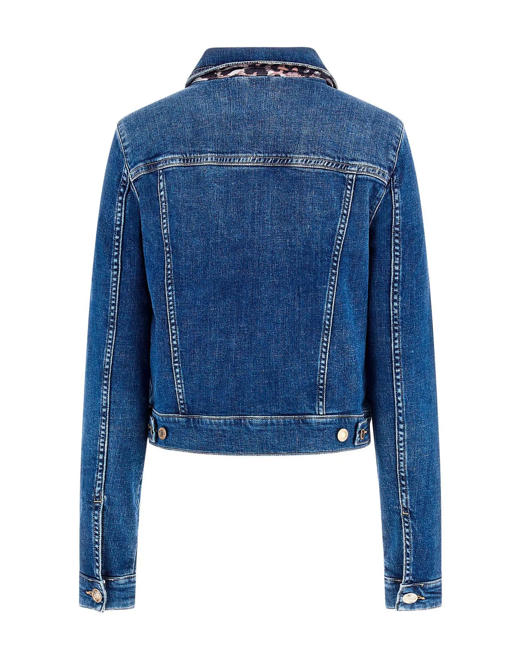 Giubbino in denim di cotone stretch lavaggio medio stone washed con tasche con patta sul petto