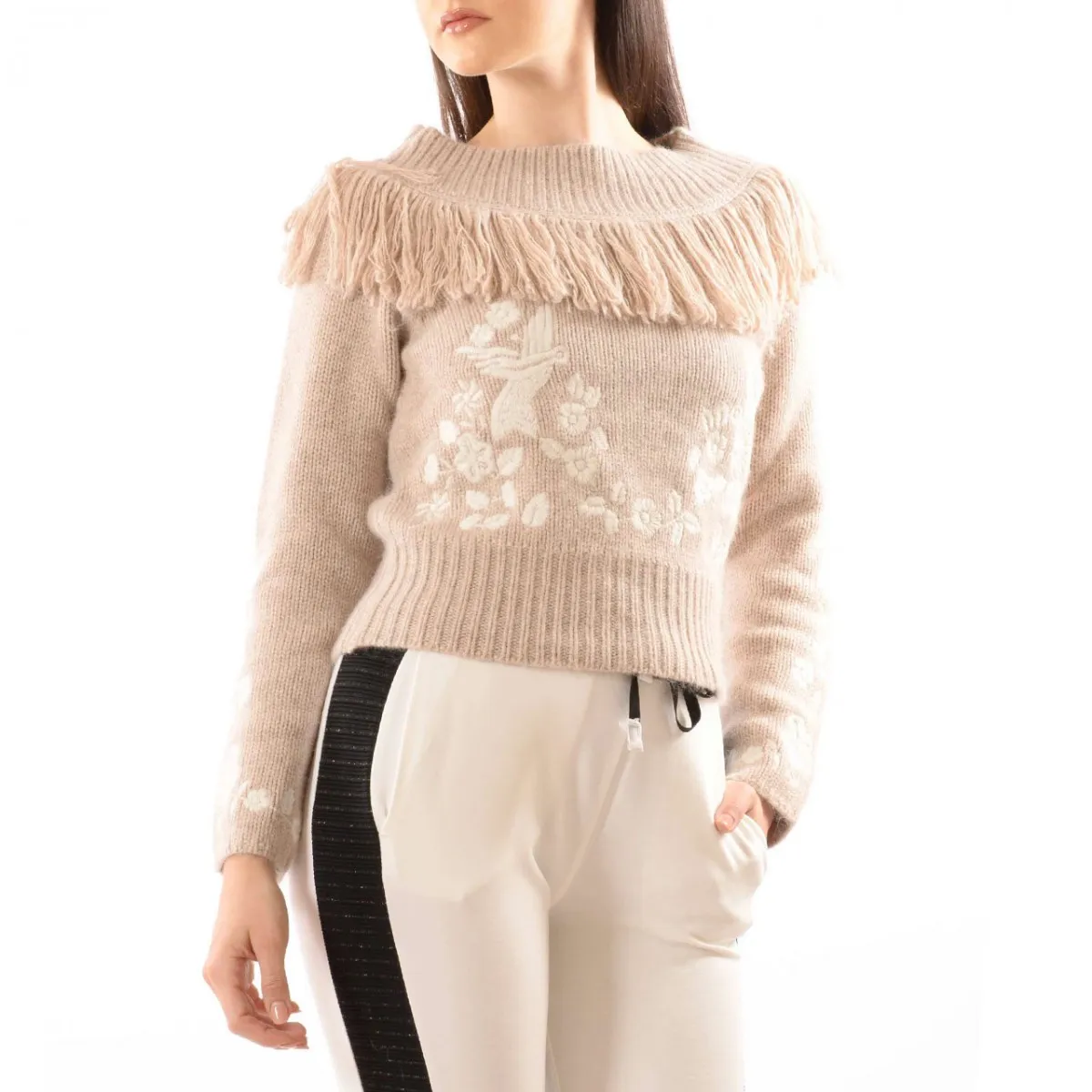 Maglione Con Frange E Stampa Floreale, Bianco