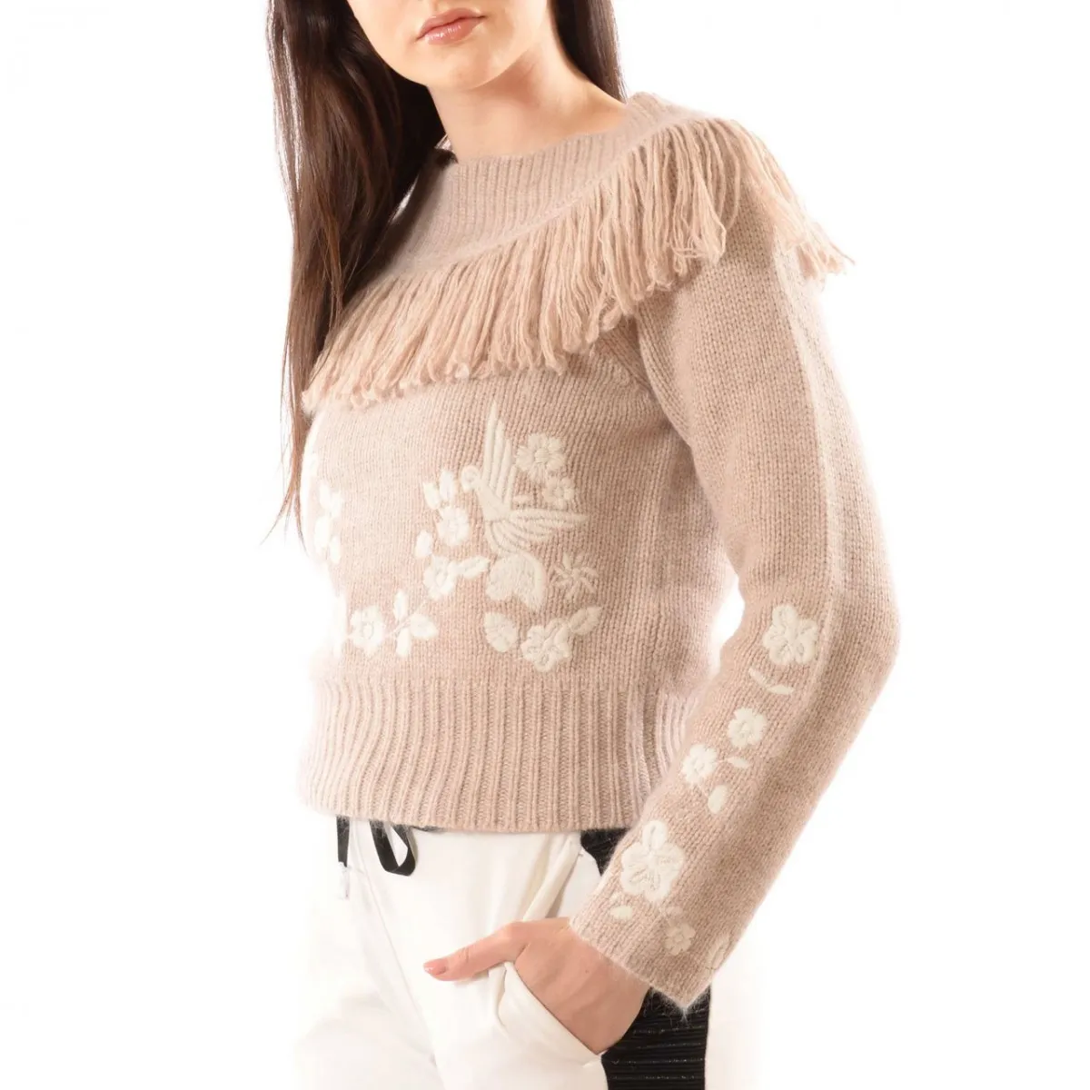 Maglione Con Frange E Stampa Floreale, Bianco