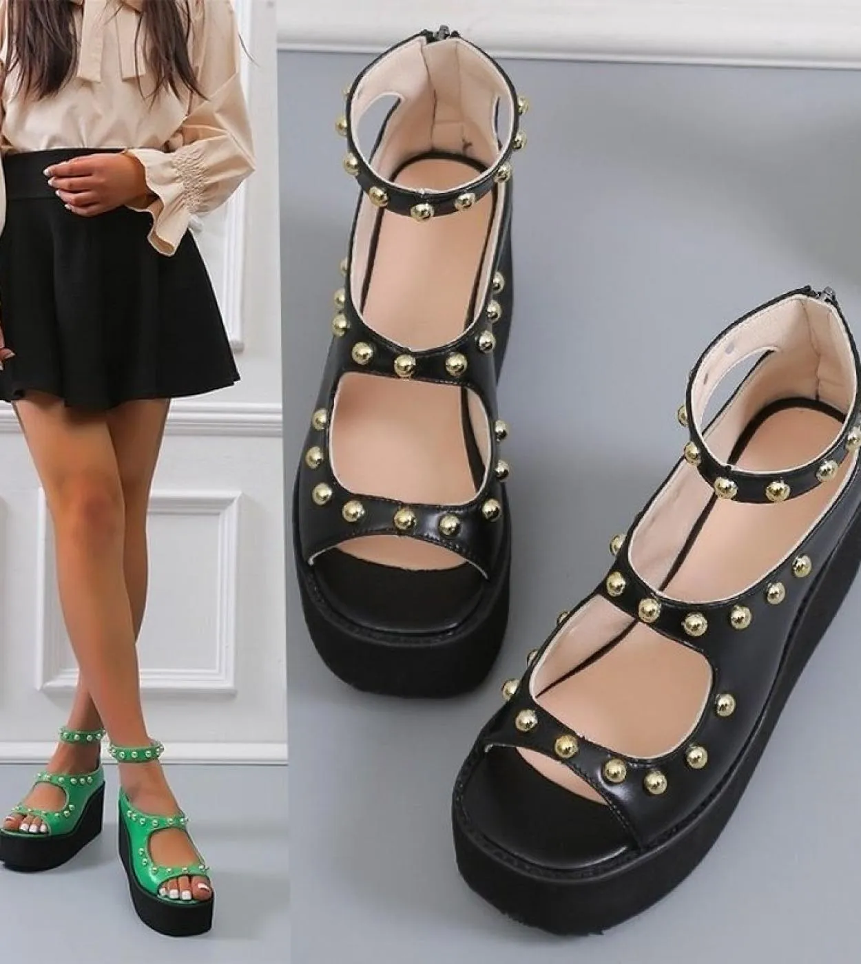 Moda Donna Open Toe Metal Gold T Strap Sandali con zeppa con plateau alto Cerniera posteriore Sandali con zeppa rialzati in alte