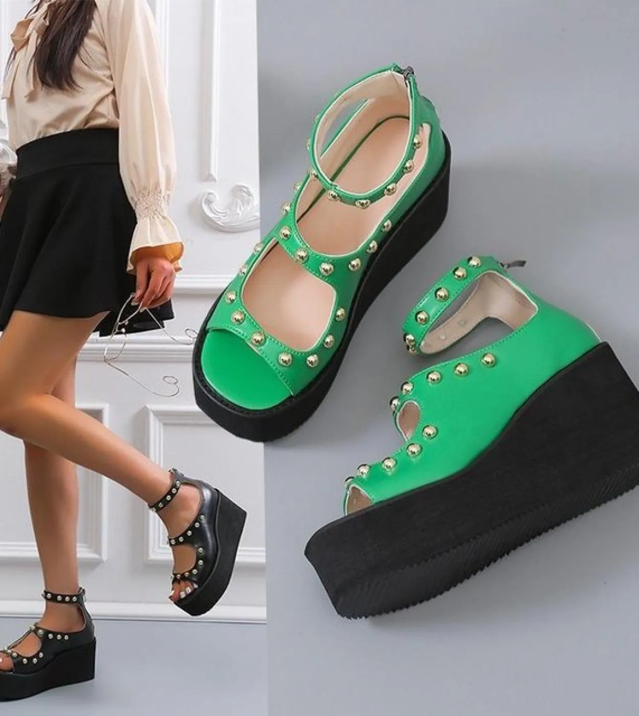 Moda Donna Open Toe Metal Gold T Strap Sandali con zeppa con plateau alto Cerniera posteriore Sandali con zeppa rialzati in alte