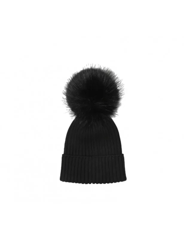 MONCLER     Cappello nero con pompom e dettaglio logo Moncler
