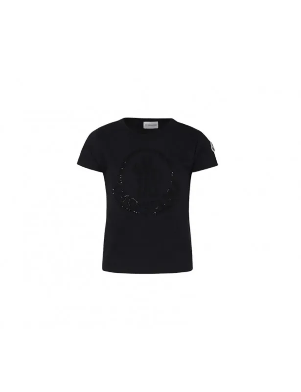 MONCLER     T-shirt nera con strass logo Moncler