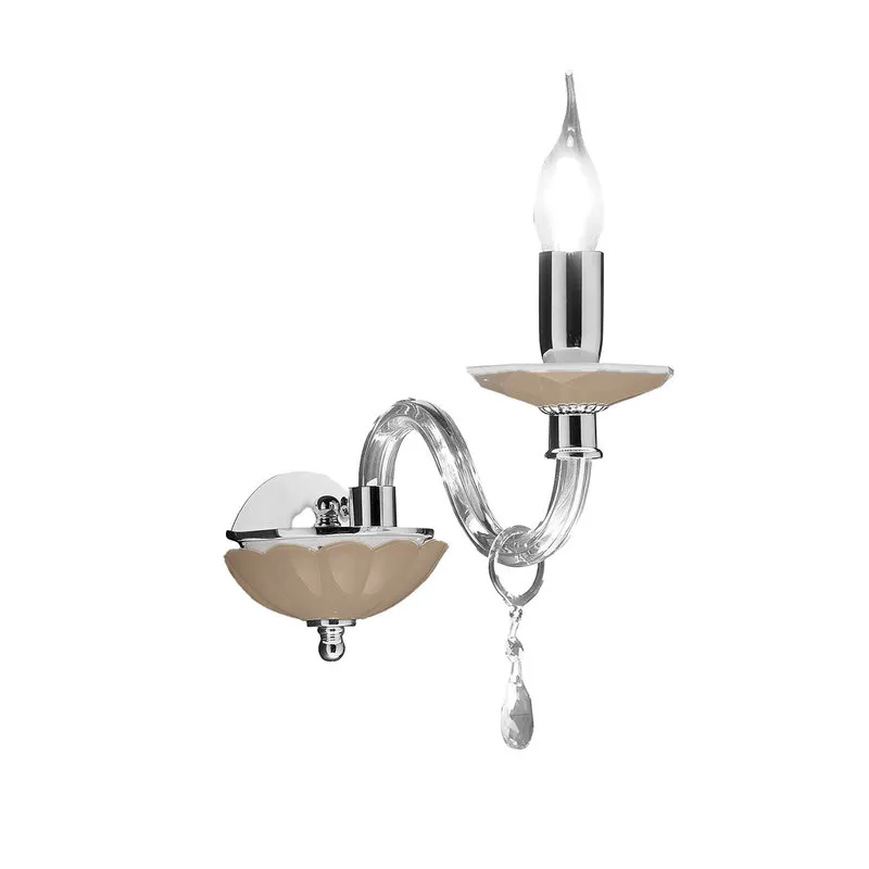 Ondaluce Applique Livia/1 in vetro e cristallo con finitura cromo, paralumi in tessuto shantung bianco, tortora