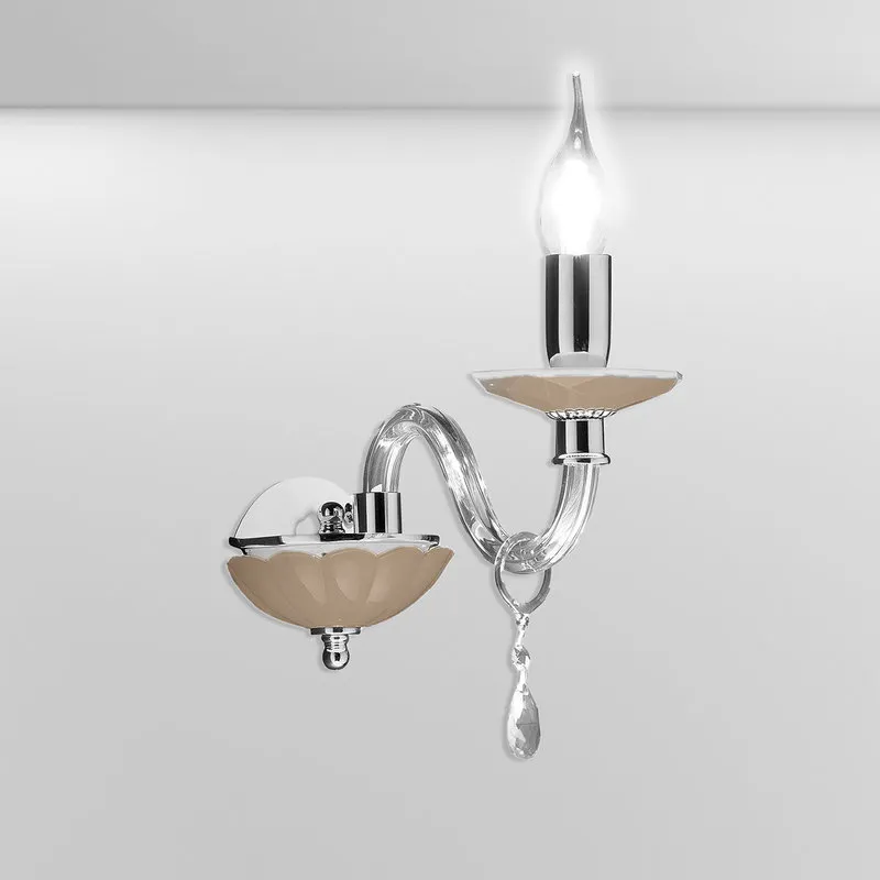 Ondaluce Applique Livia/1 in vetro e cristallo con finitura cromo, paralumi in tessuto shantung bianco, tortora