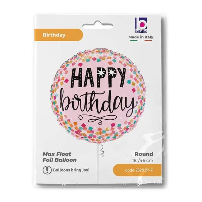 Palloncino tondo rosa Happy Birthday con coriandoli colorati 35 cm - Grabo