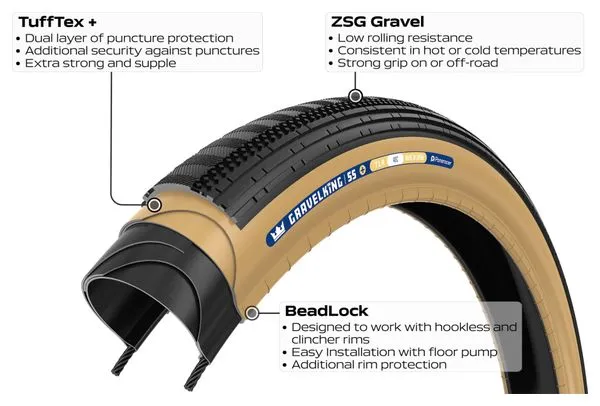 Panaracer GravelKing SemiSlick+ Pneumatico Gravel 700 mm Tubeless Ready Pieghevole Mescola ZSG Gravel BeadLock TuffTex+ Nero Bei
