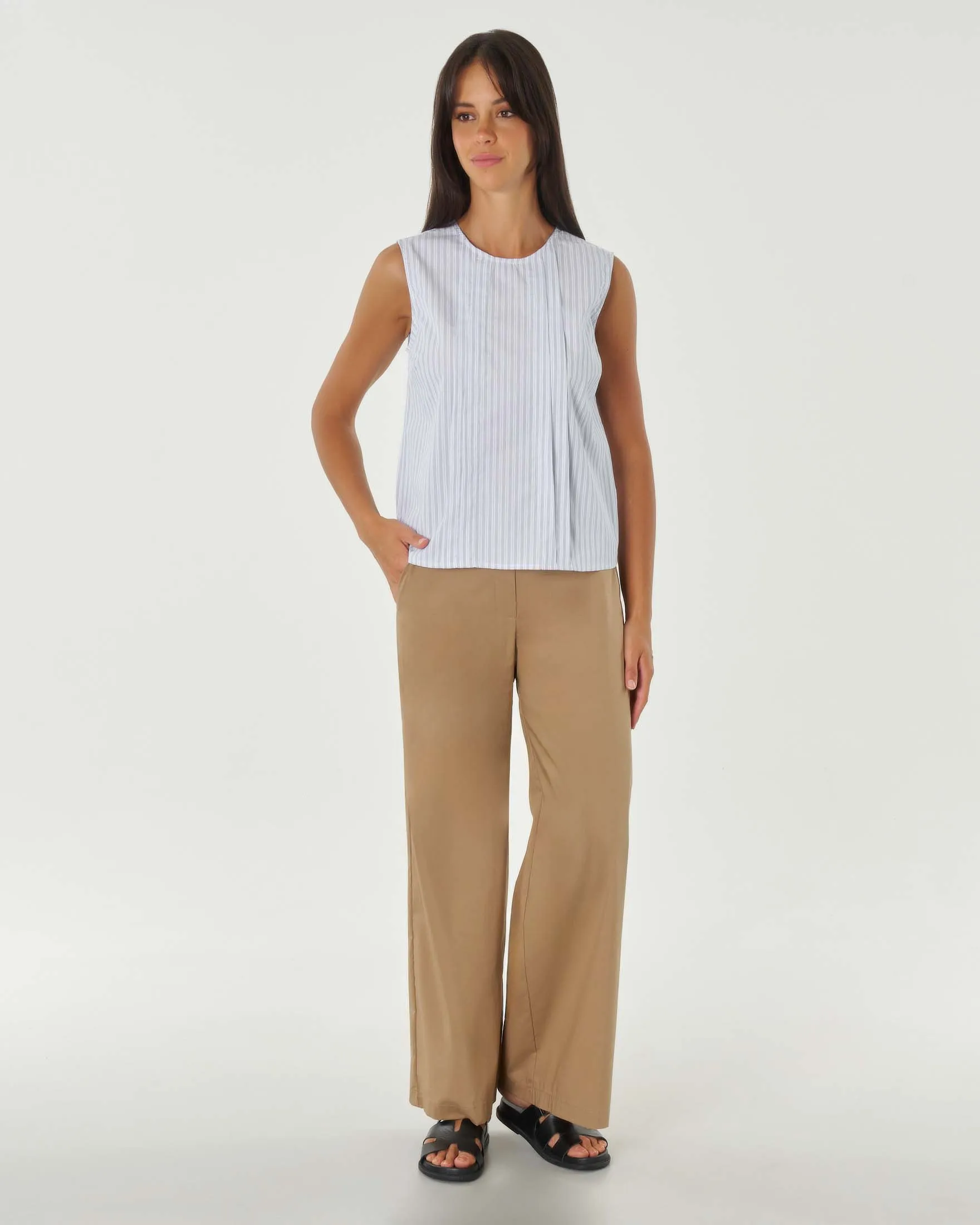 Pantaloni color sabbia a gamba dritta ampia in popeline con fascia elastica nel retro