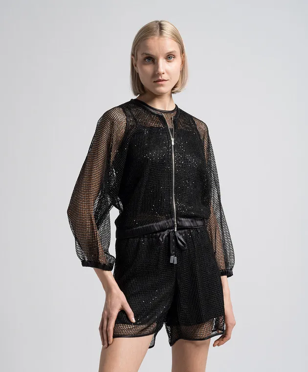 Peserico Cardigan nero traforato con seta e paillettes E2146100440