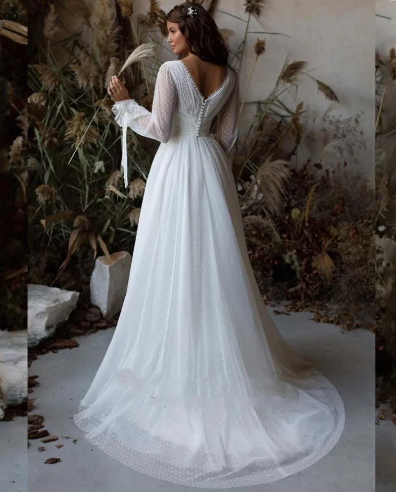 Principessa Boho Abiti da sposa 2022 Scollo a V maniche lunghe Modern Polka Do