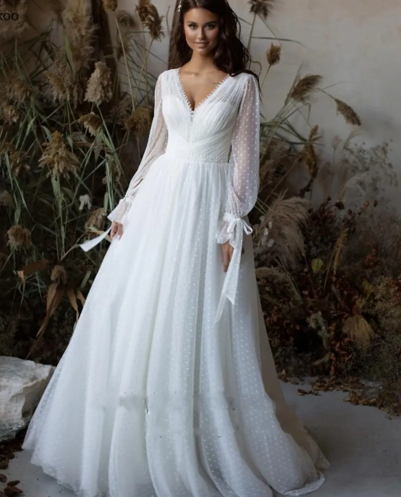 Principessa Boho Abiti da sposa 2022 Scollo a V maniche lunghe Modern Polka Do