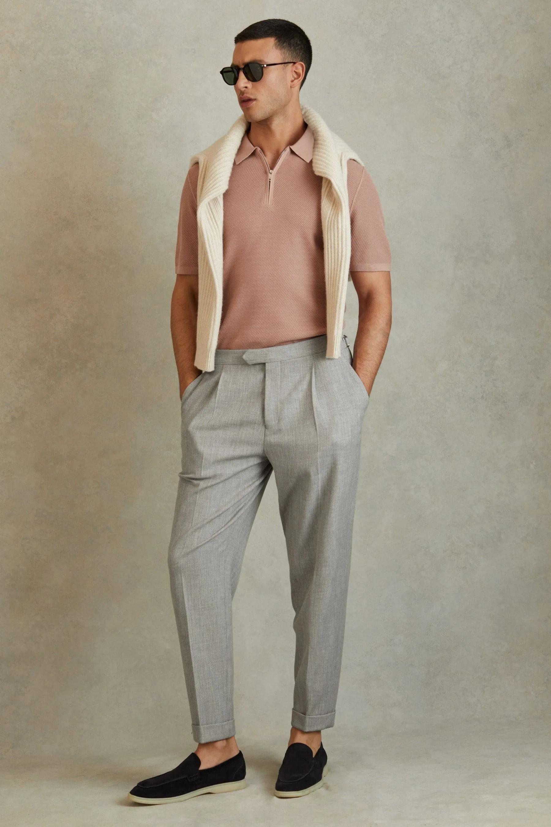 Reiss Bridge Textured Side Adjuster Regular - Fit Trousers with Turn-Ups    
