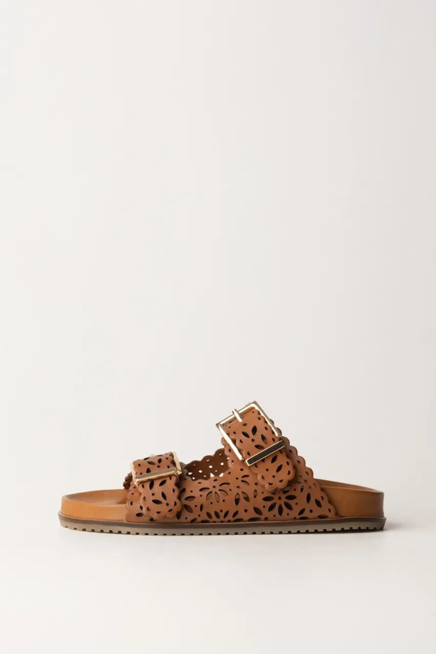 Sandali slide in pelle laserata Cuoio