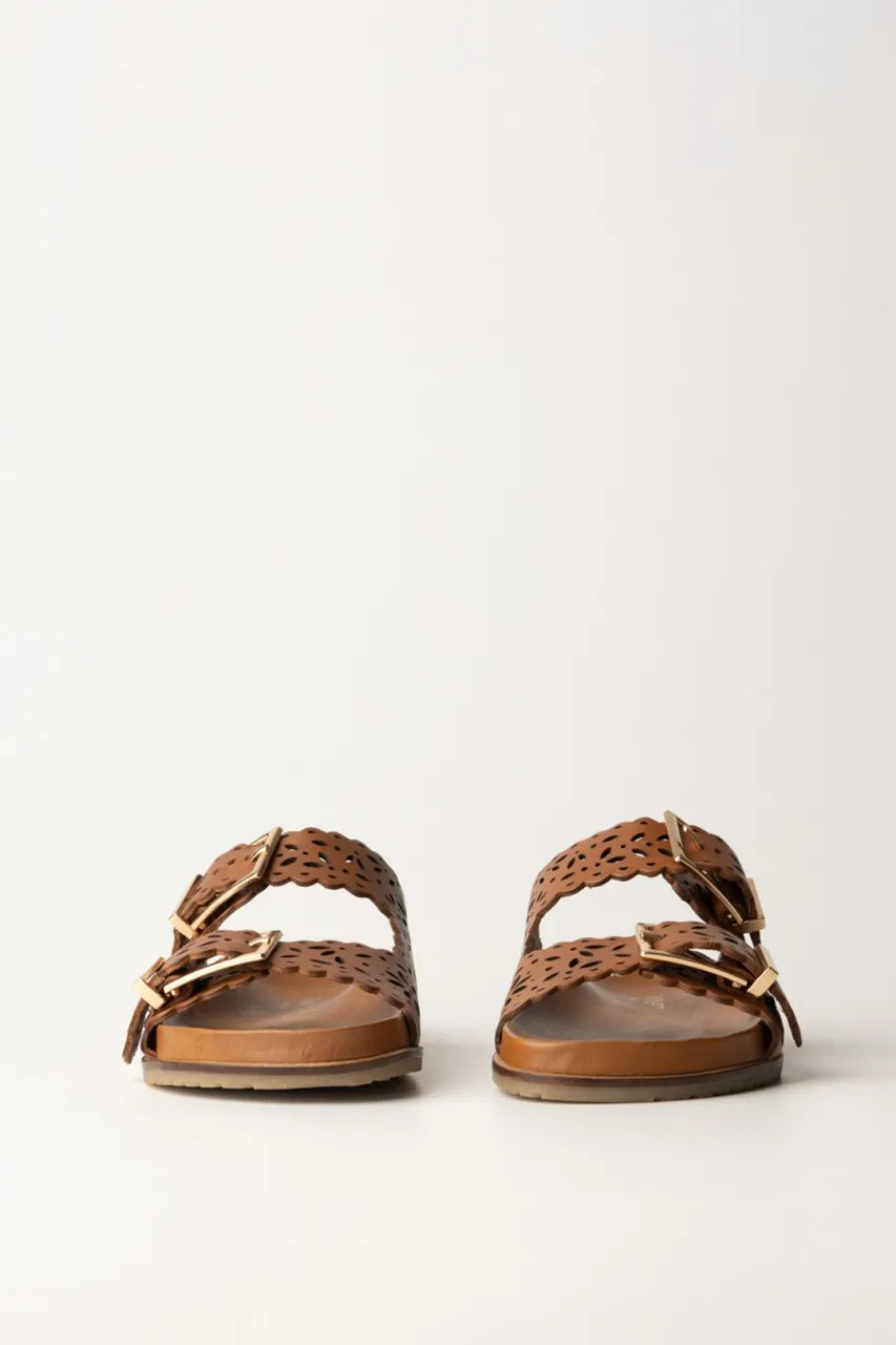 Sandali slide in pelle laserata Cuoio