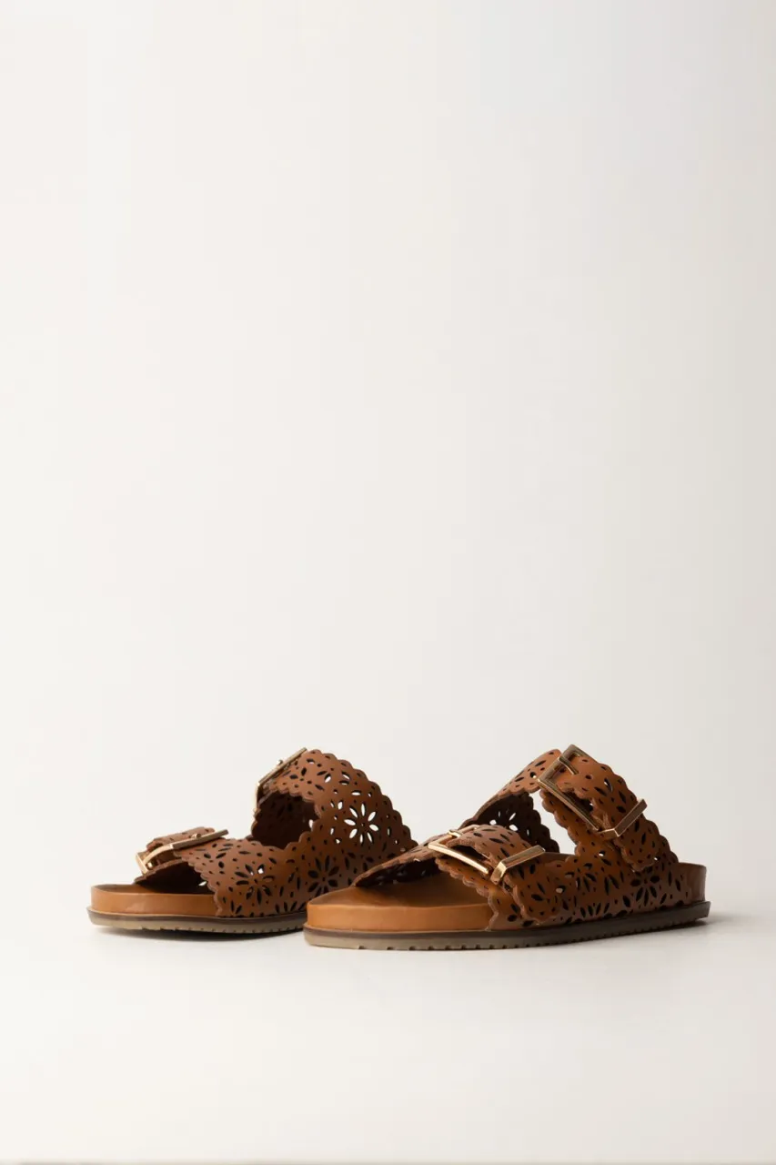 Sandali slide in pelle laserata Cuoio
