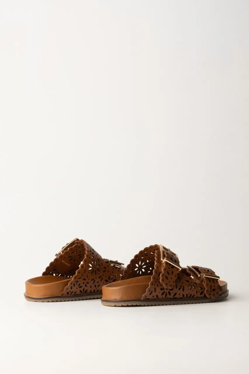 Sandali slide in pelle laserata Cuoio