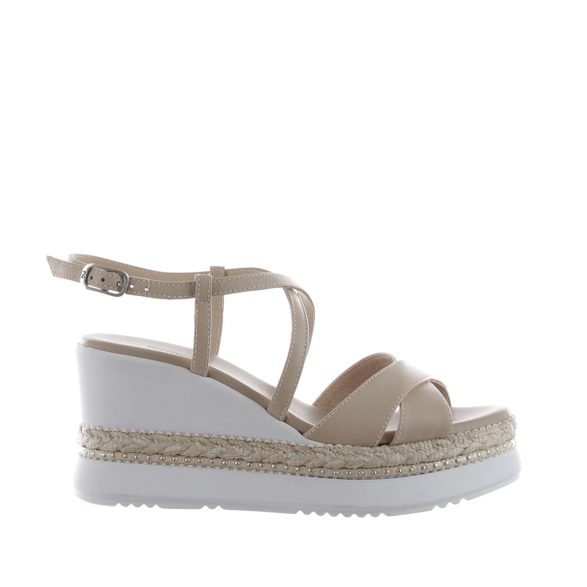 Sandalo in pelle con zeppa con dettaglio in raffia