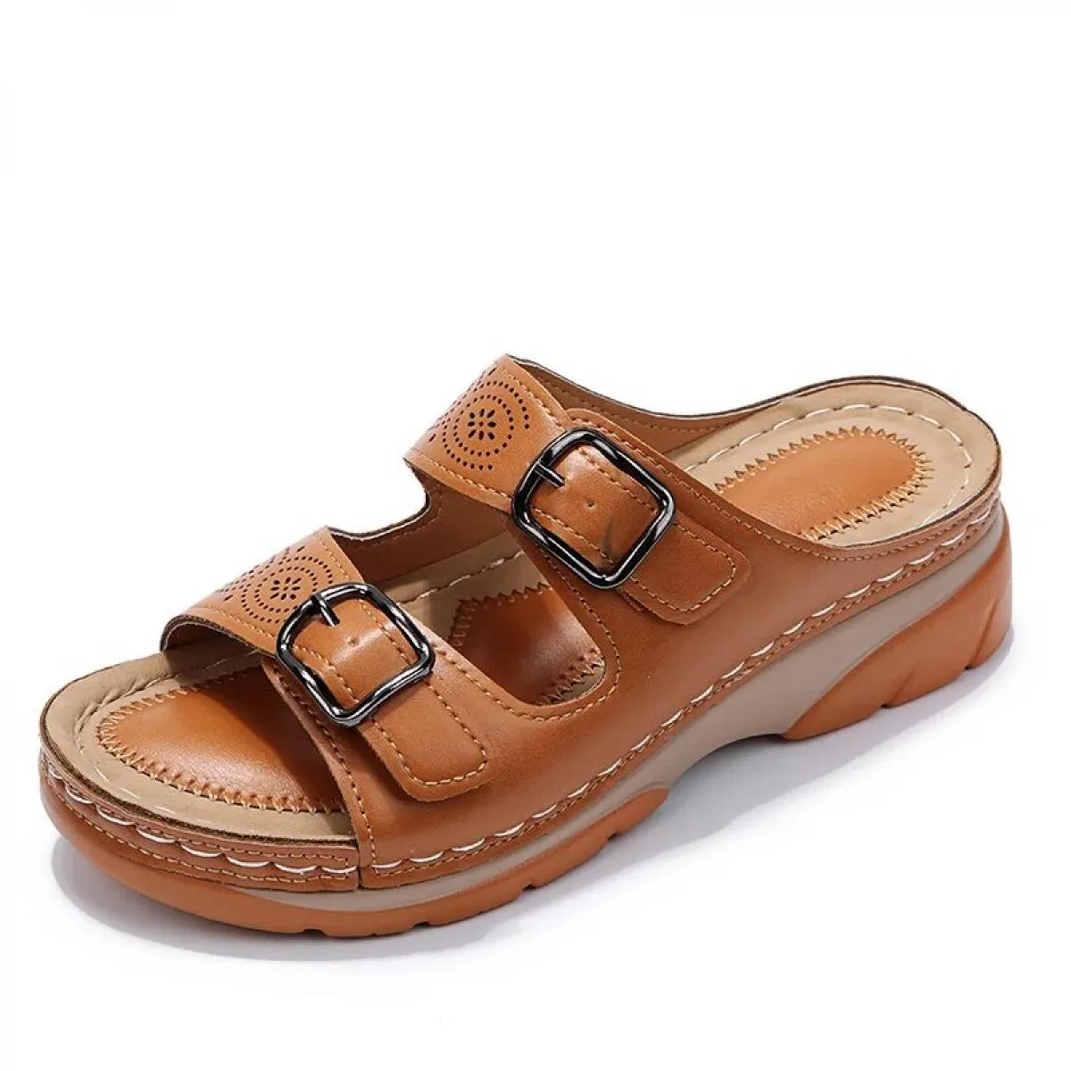 Scarpe estive da donna con punta chiusa 2023 Nuovi sandali da donna con zeppa con doppia fibbia e comfort Pantofole casual con p