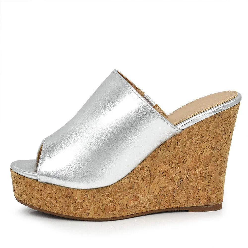 Scarpe Sandali Ciabatte Zoccoli Da Donna Con Zeppa Alta Simil Sughero M627