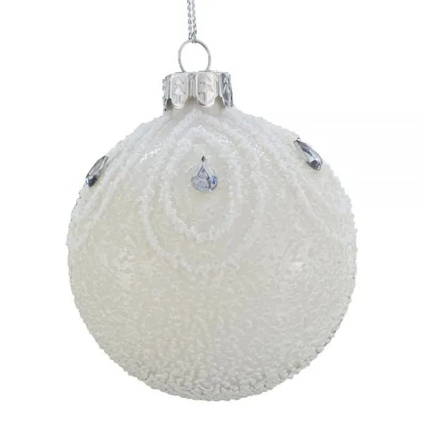 Sfera ø 8 cm in Vetro Bianco con effetto Frosted e decorazione Gocce con granella di vetro bianco gemme argentate