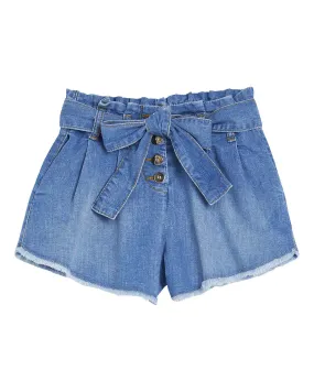 Shorts in denim a gamba larga con cintura annodabile e fondo sfrangiato 12-14 anni