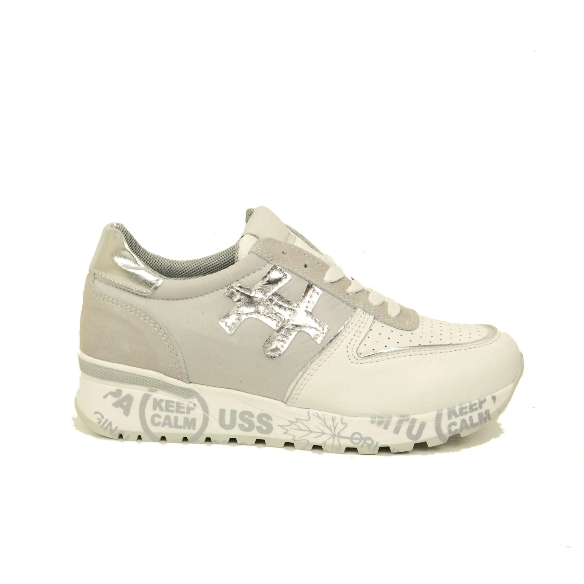 Sneakers Donna Made in Italy in Pelle Bianca e Tessuto Grigio